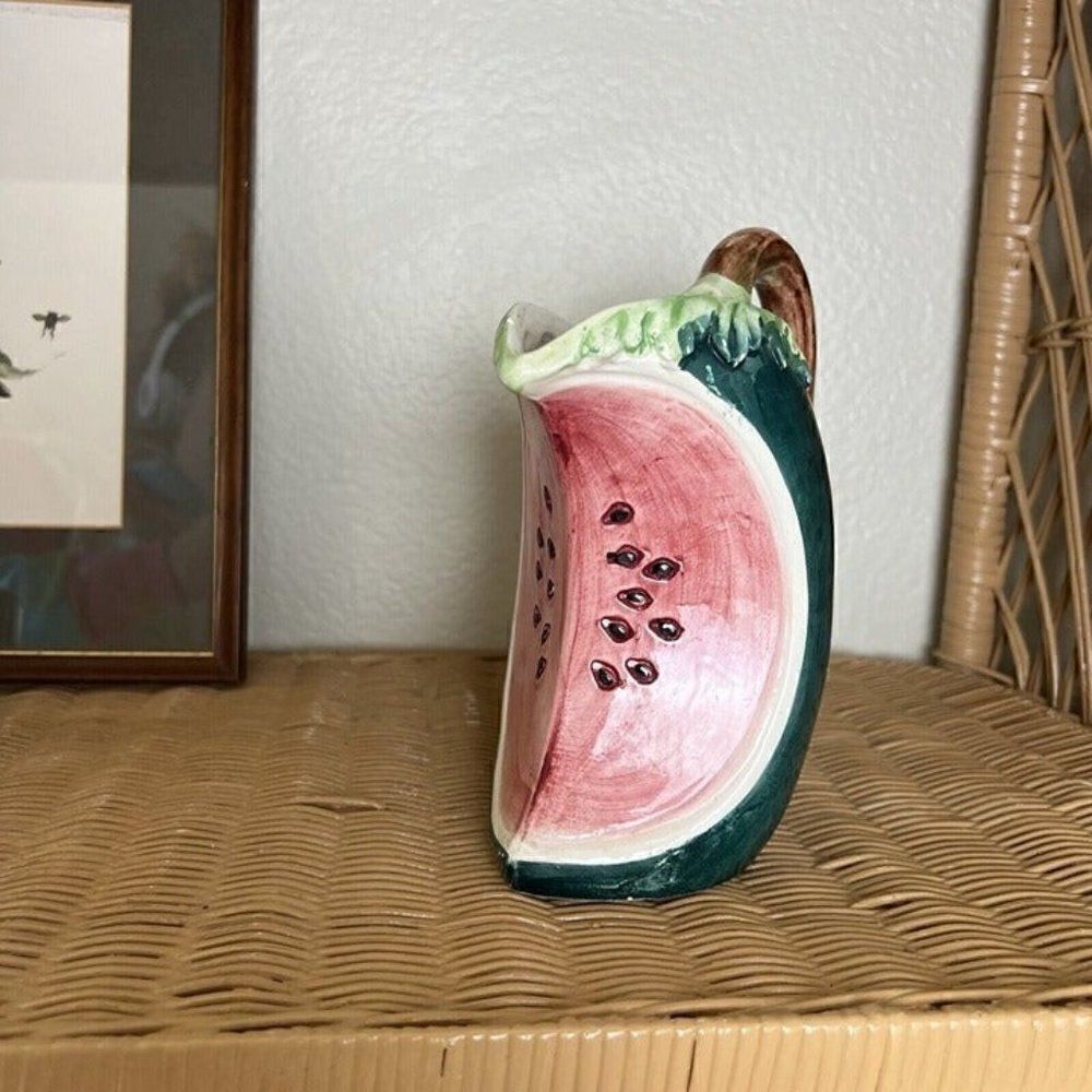 Vintage 20th Century Watermelon Shaped Pitcher Vase Fruit Art Made In Italy